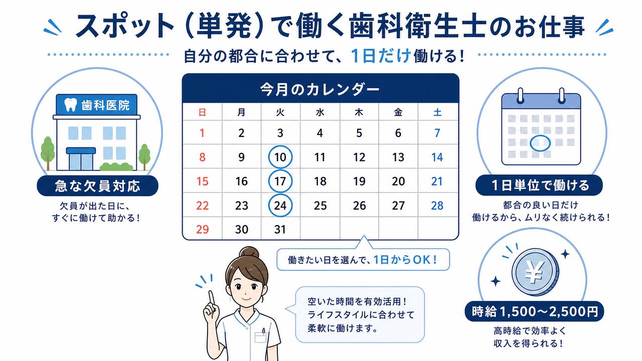 スポット(単発)で働く歯科衛生士のお仕事の図解:働きたい日を選んで1日単位で働けて、時給2,000〜3,500円