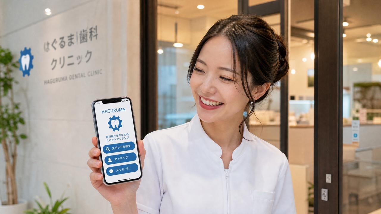 Hagurumaの会員サイト画面をスマホで見せる歯科衛生士