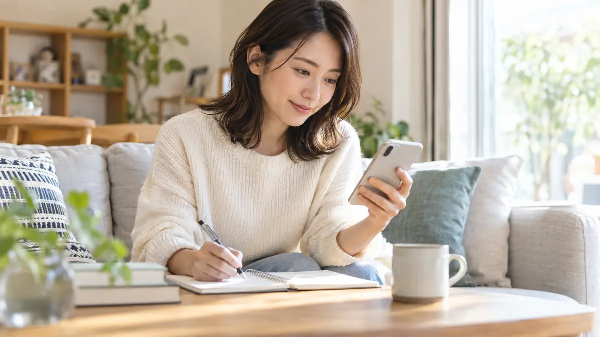 自宅のソファでスマートフォンで単発の案件を確認しながらメモを取る歯科衛生士