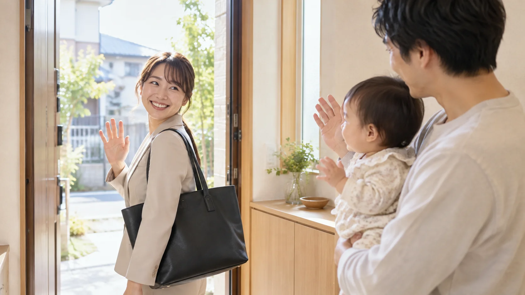 復帰当日の朝、玄関で赤ちゃんを抱いた家族に見送られて出勤する女性