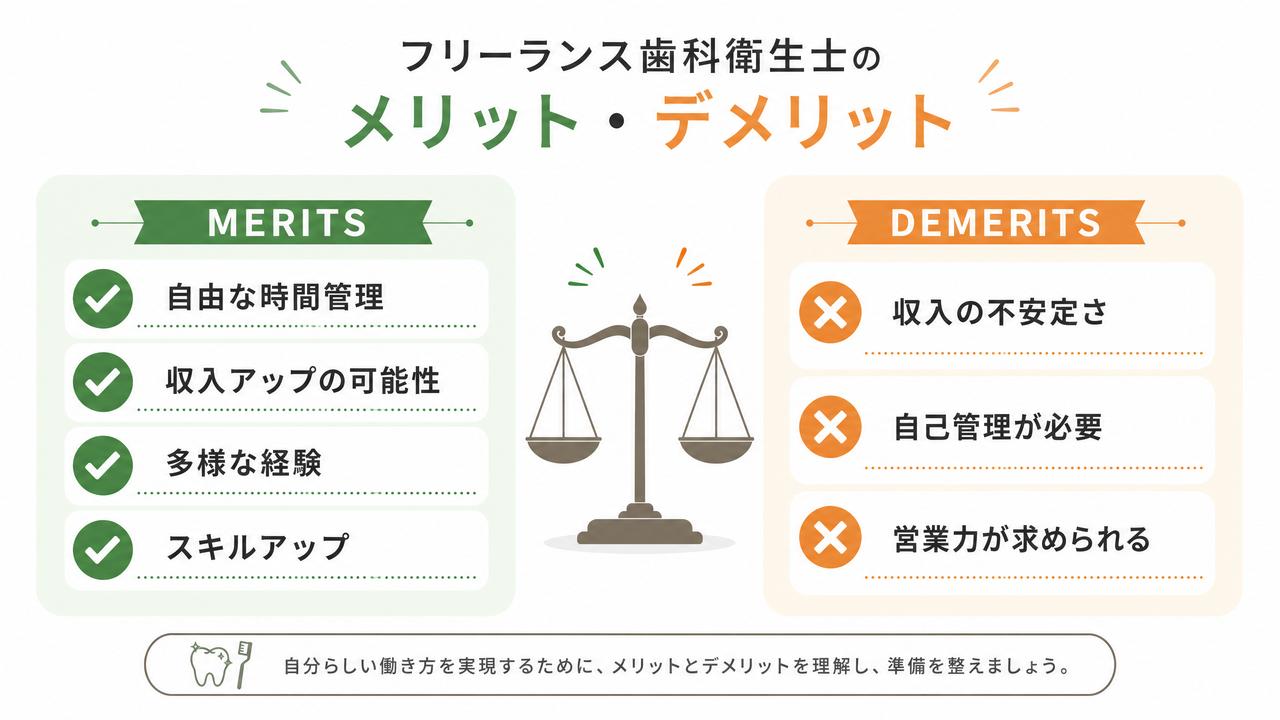 フリーランス歯科衛生士のメリット・デメリットの図解:メリットは自由な時間管理・収入アップの可能性・多様な経験・スキルアップ、デメリットは収入の不安定さ・自己管理が必要・営業力が求められる