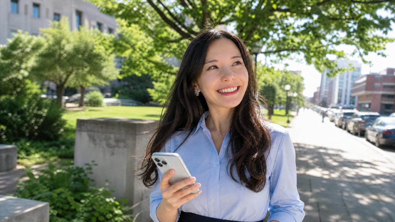 スマホを手に前向きに歩き出す女性：自分に合う新しい働き方を探す