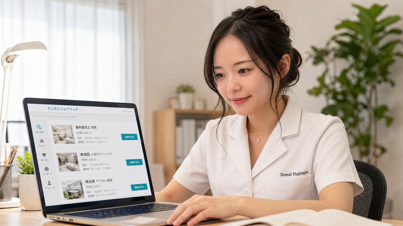 パソコンで歯科求人サイトを閲覧する歯科衛生士のイメージ