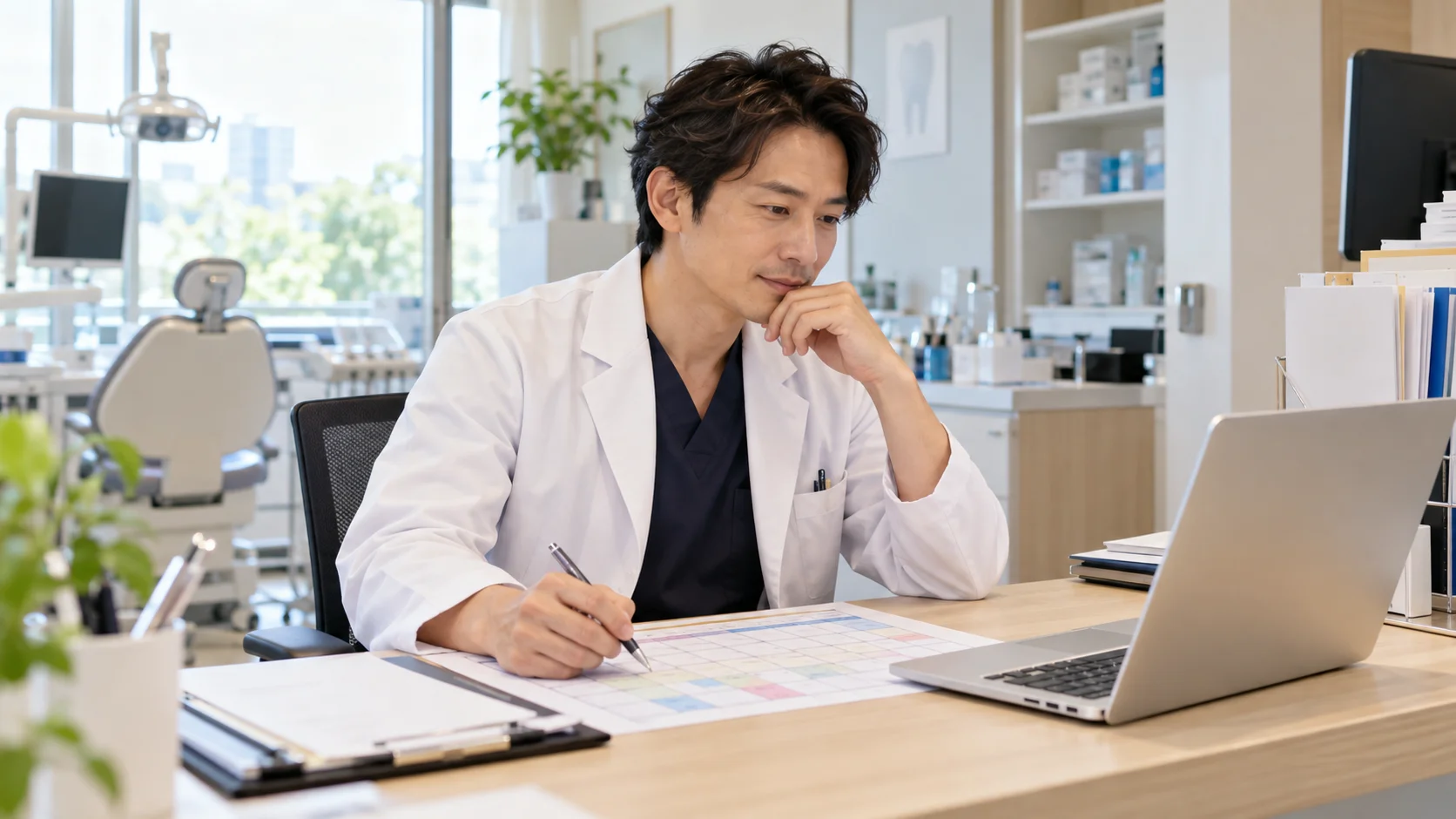 シフト表を見ながらスタッフの勤務計画を考える歯科医院の院長