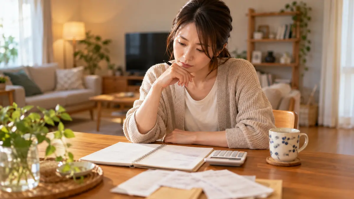自宅で電卓を使って扶養の範囲内か確認する様子