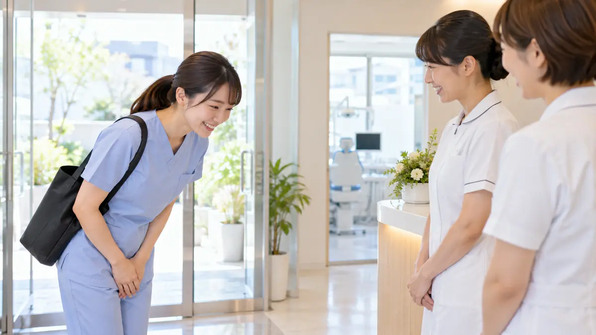 初めて勤務する歯科医院で挨拶をする歯科衛生士