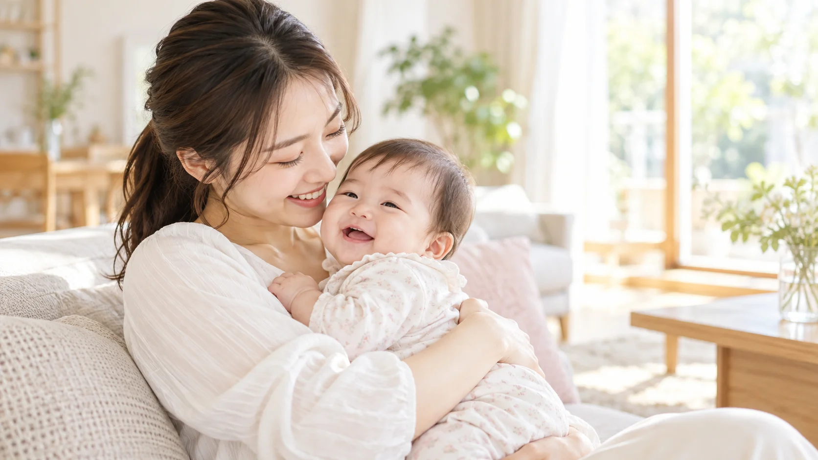 産休・育休中に赤ちゃんを抱っこして微笑む女性